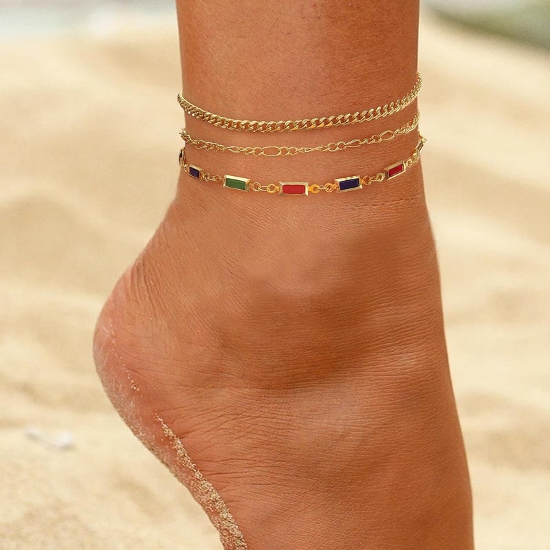 MIDEEO Gold/Silver Ankle Bracelets for Women,14K Gold Anklets for Women Waterproof Cuban Link Heart Beads Herringbone Rhinestone Anklets Set Layered Anklet Bracelets for Women Gold Jewelry Gift - Image 2
